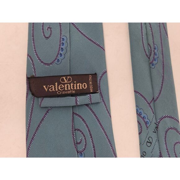 VALENTINO CRAVATTE ITALY SILK TIE GREEN BLUE PAISLEY SATIN 3" X 58" VINTAGE - Picture 3 of 4